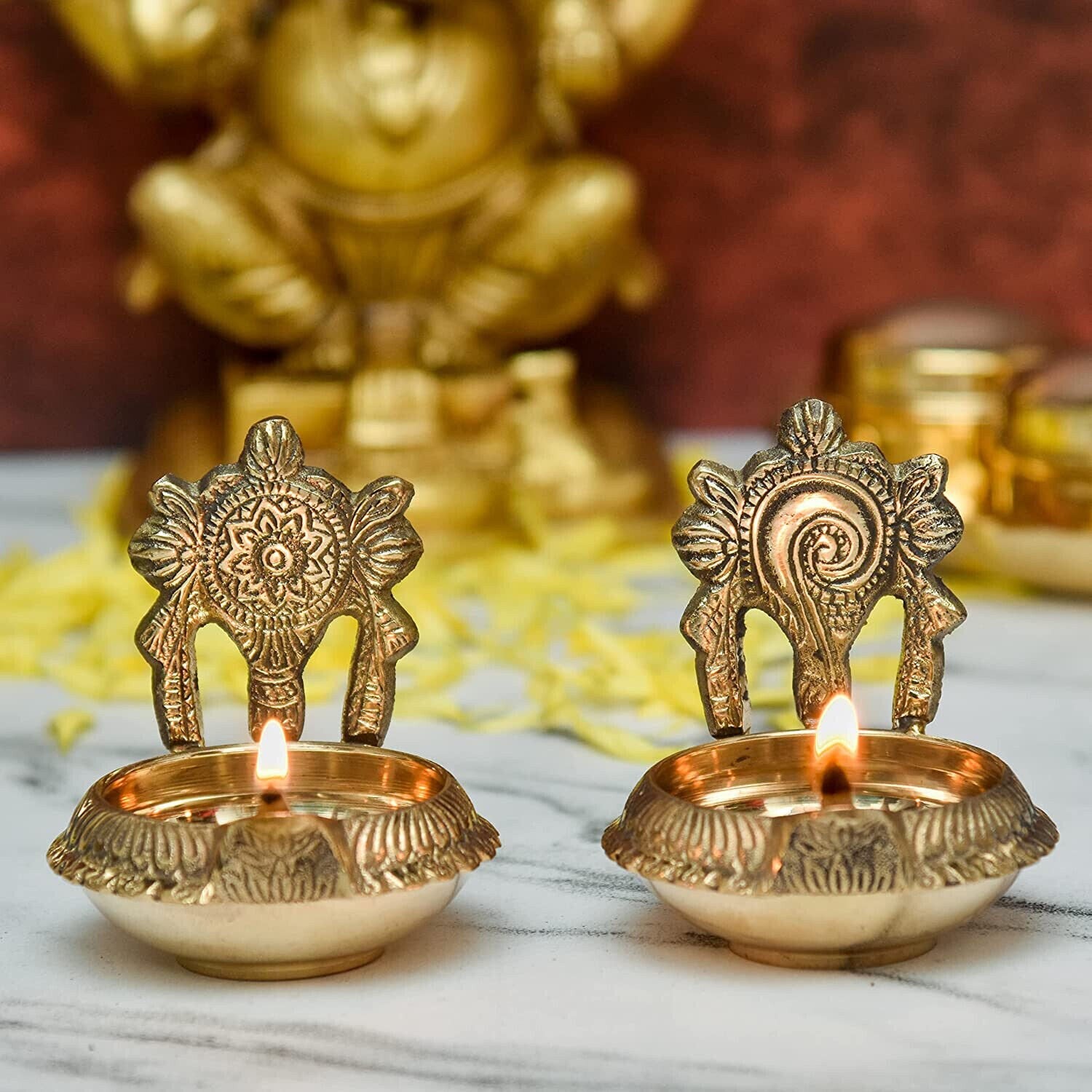 Decor Pure Brass Shanku Chakra kuber Diya, 3 inches Pack of 1 Pair