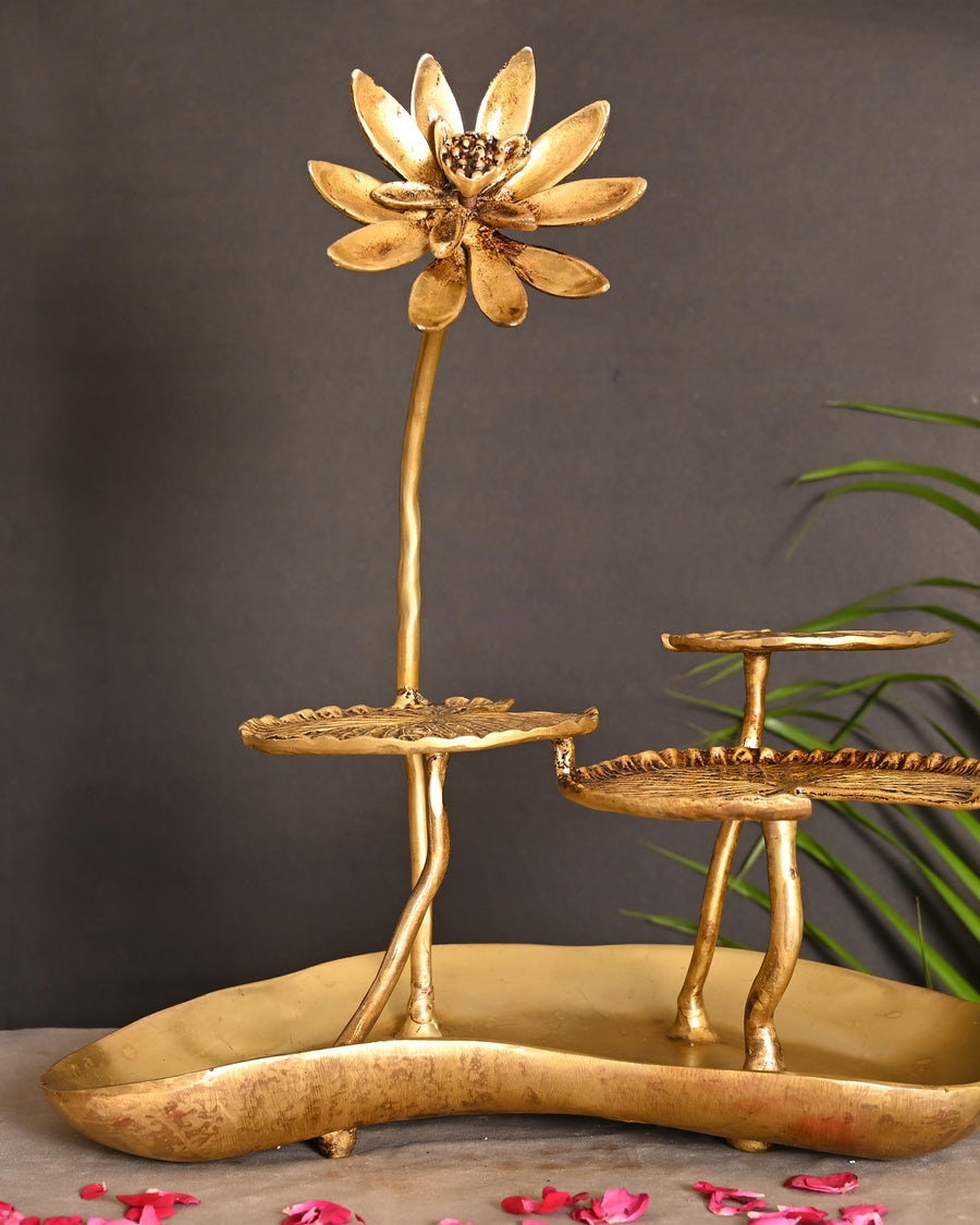 Brass Decorative Urli Tray with Lotus Leaves (15.5 INCH)