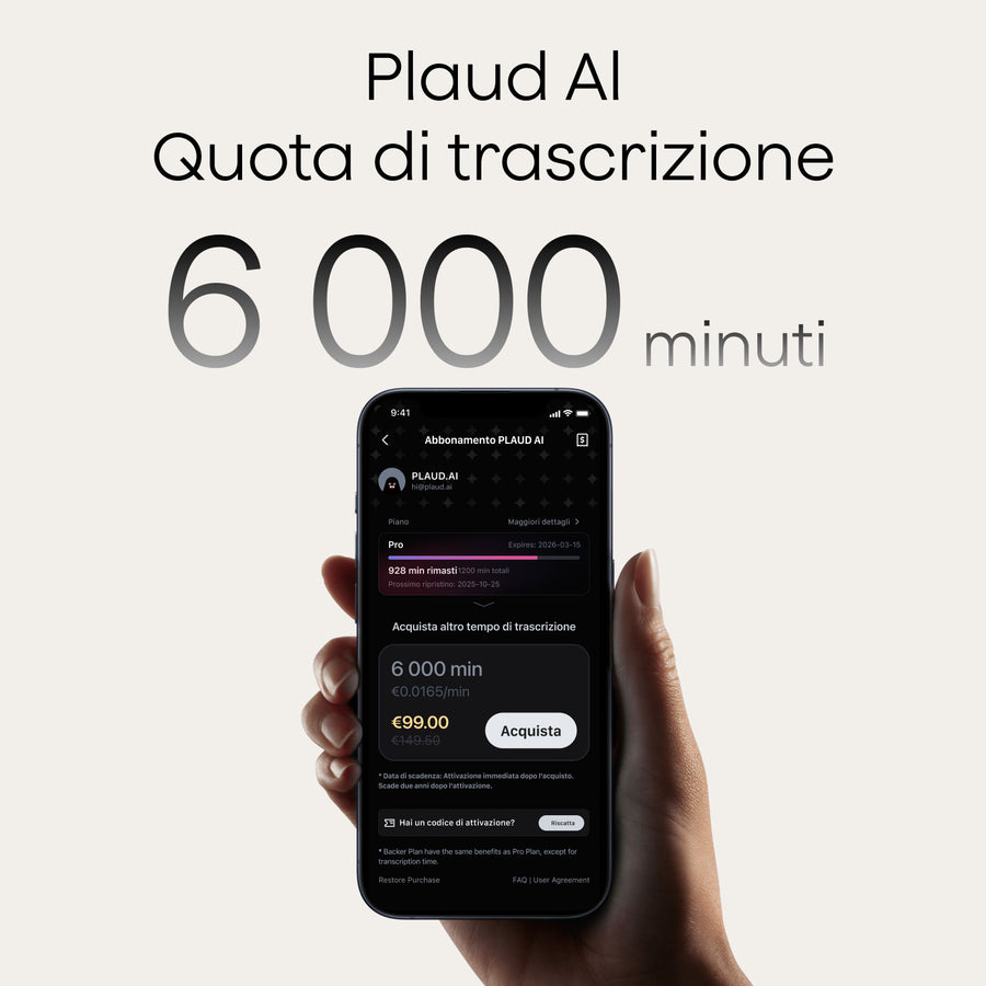 Plaud AI Abbonamento Annuale Pro & Quota di Trascrizione AI
