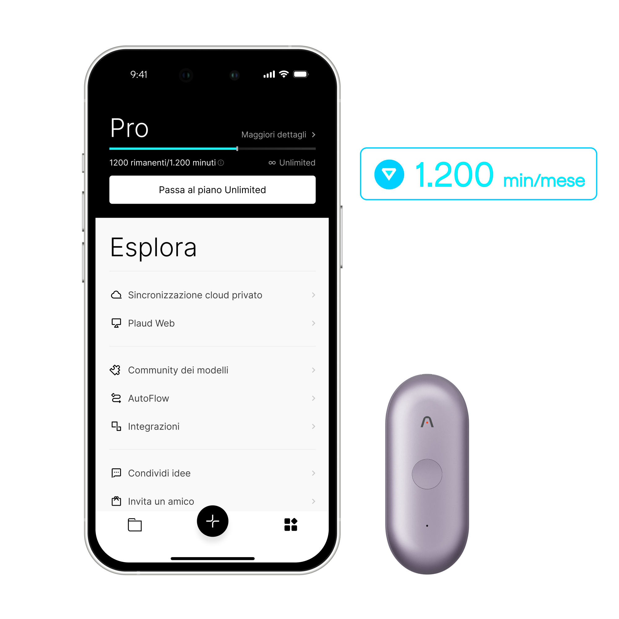 Plaud NotePin lavanda e Plaud App con dettagli del piano Pro: 1.200 minuti/mese e opzione Unlimited.