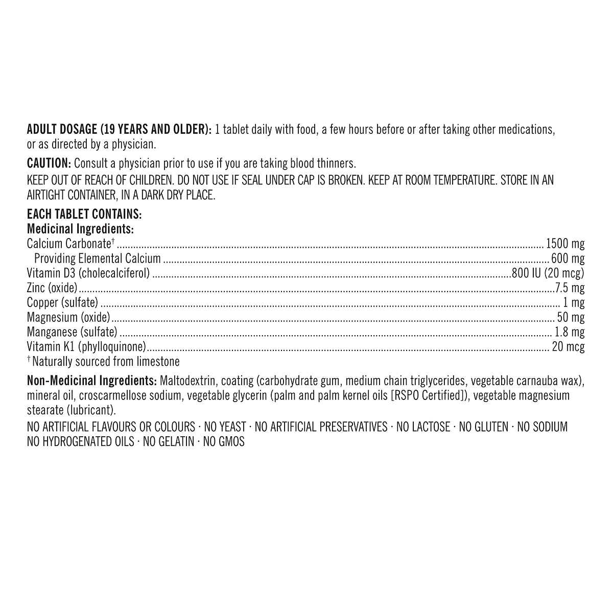 Kirkland Signature Calcium Plus With Vitamin D3 & Minerals 600 mg | 800 IU - 500 Tablets