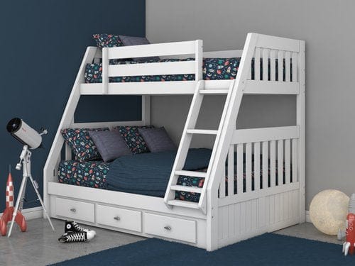 Discovery World 0219 Twin/Full Bunk Bed W/ 3 Drawers White (Brushed Nickel Handles)