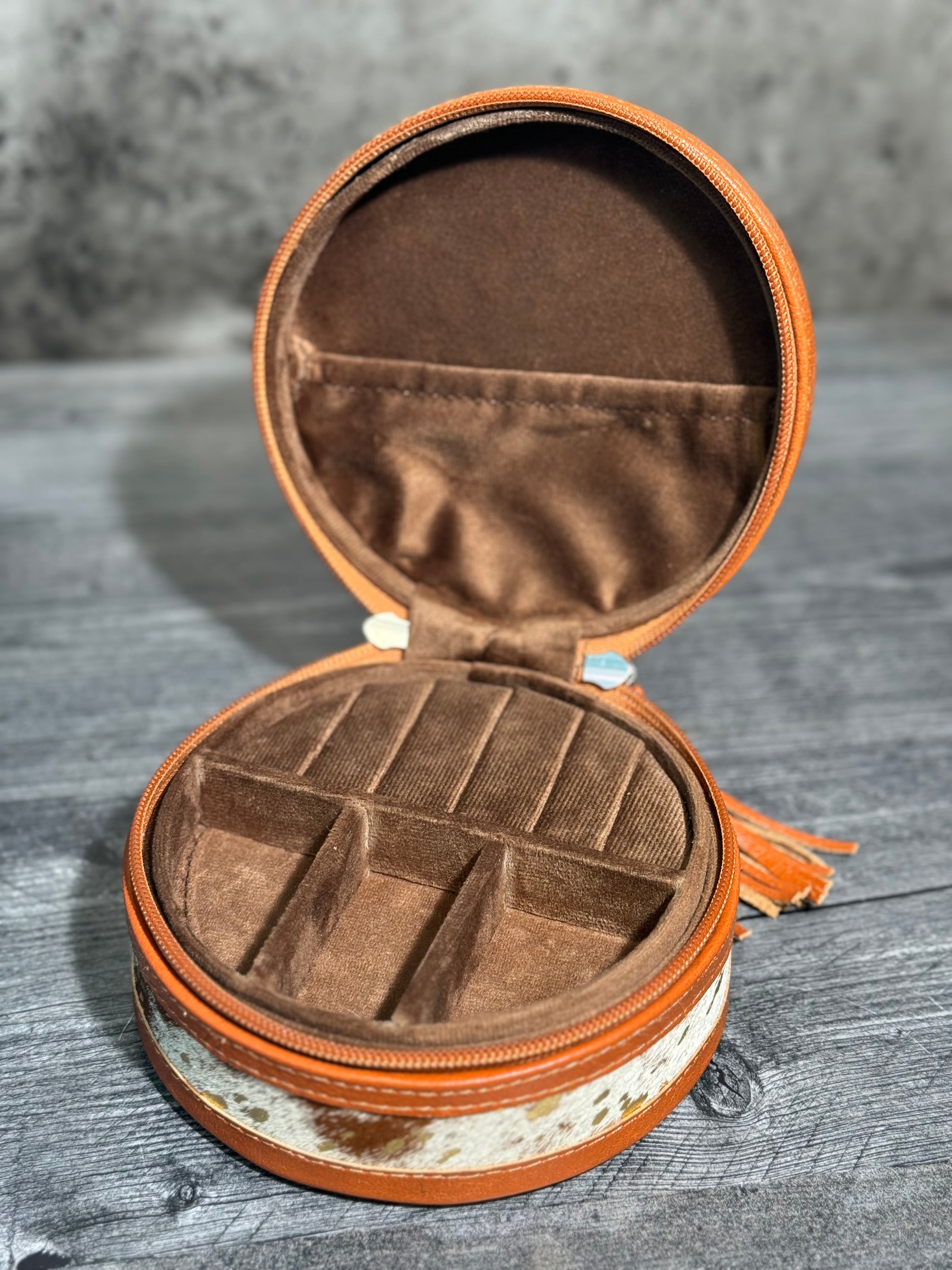 Gold Cowhide & Leather Round Jewelry Travel Box