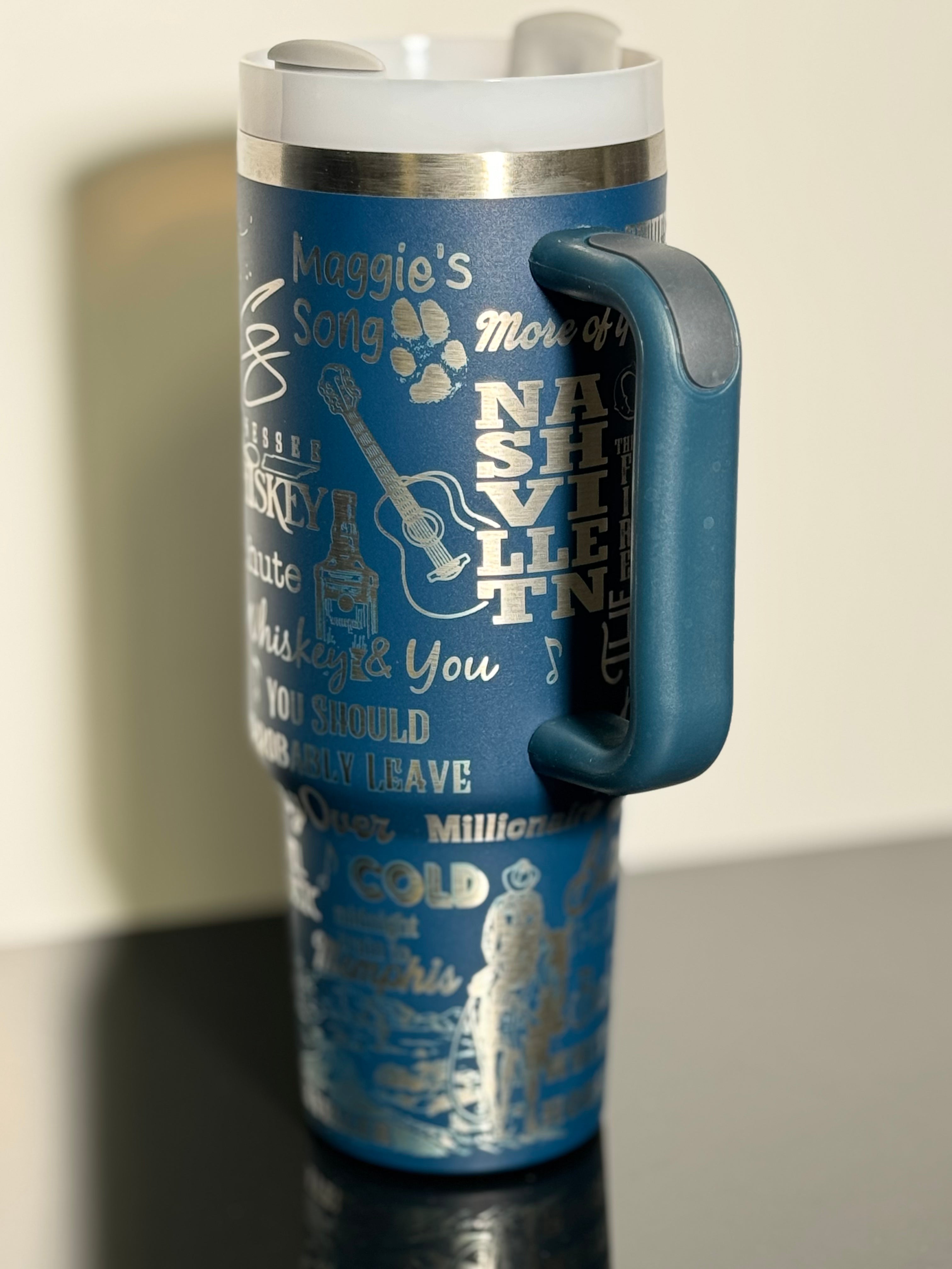 Custom Laser NAVY on SILVER Engraved CHRIS STAPLETON 40oz Double Wall Stainless Steel Vacuum Tumbler With Handle