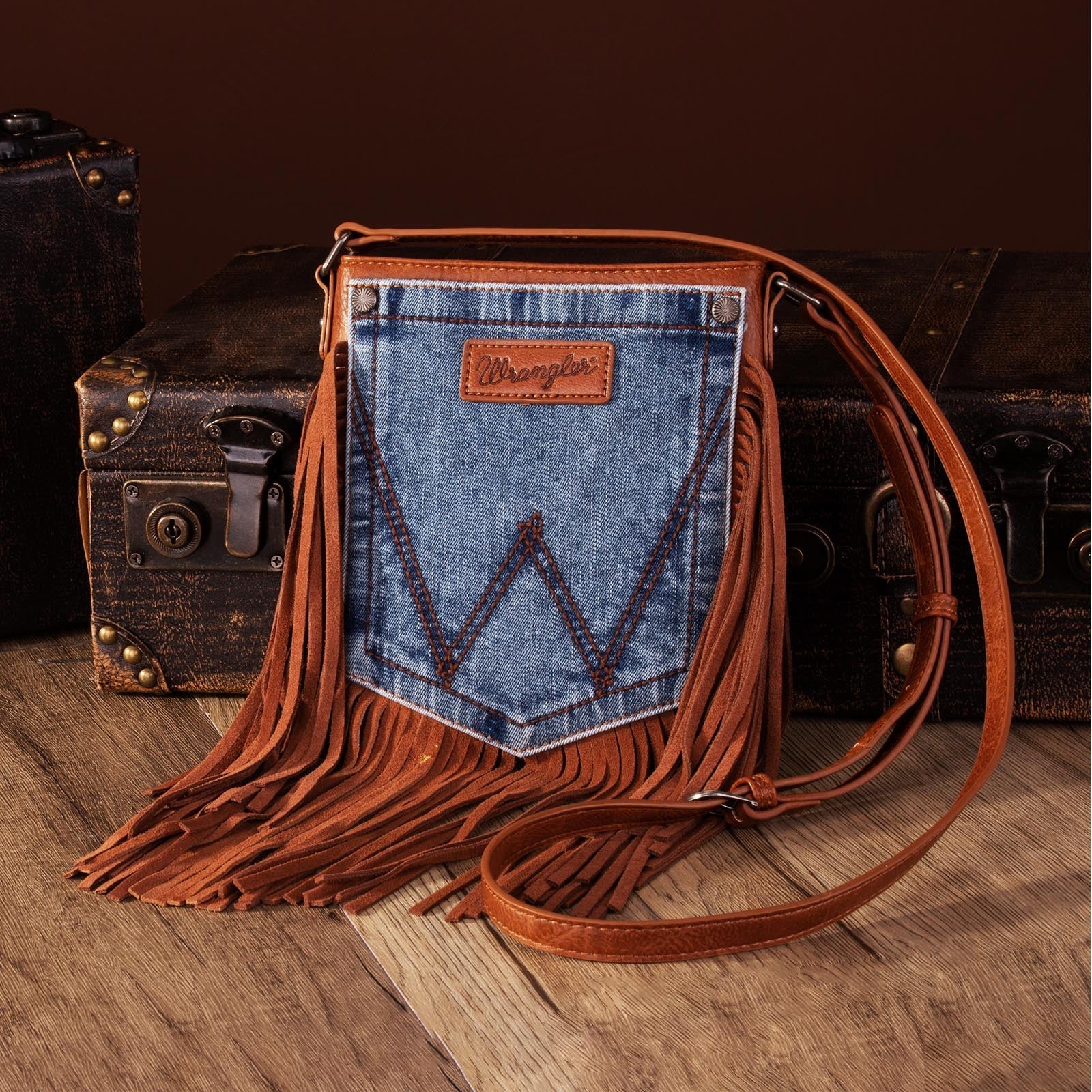 Brown WG44-8360BR Wrangler Leather Fringe Faded Jean Denim Pocket Crossbody Purse