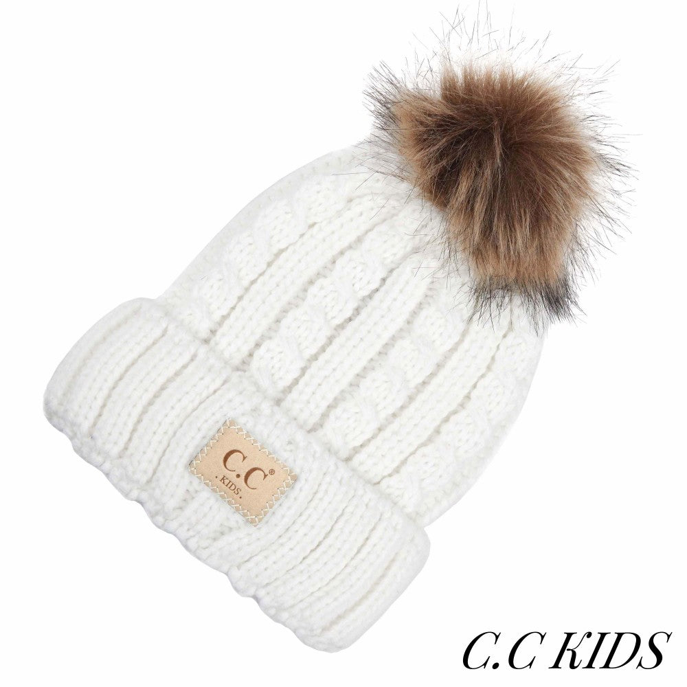 CC Kids Cable Ribbed Knit Pom Beanie with Natural Faux Fur