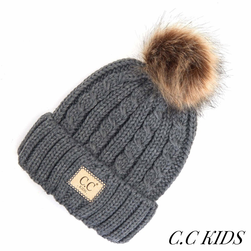 CC Kids Cable Ribbed Knit Pom Beanie with Natural Faux Fur