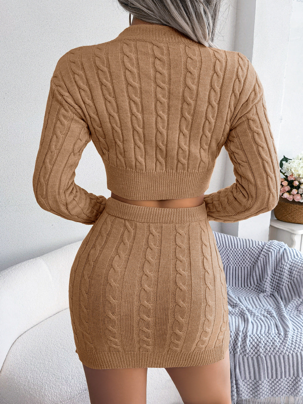 Cable-Knit Cropped Sweater and Knit Skirt Set