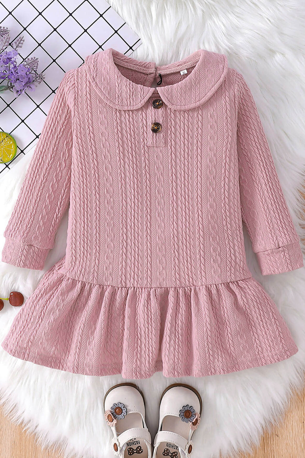 Girls Cable-Knit Peter Pan Collar Ruffle Hem Dress