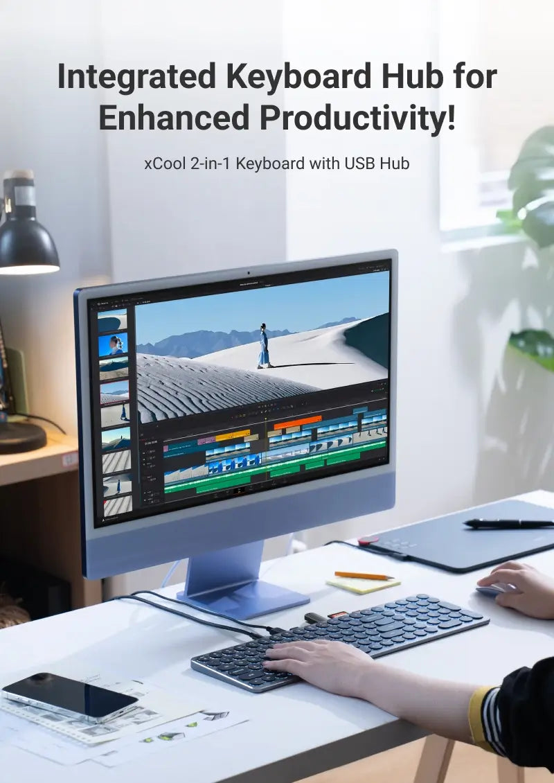 لوحة مفاتيح 2 في 1 كاملة الحجم ومنخفضة الارتفاع مع موزع USB ولوحة مفاتيح رقمية