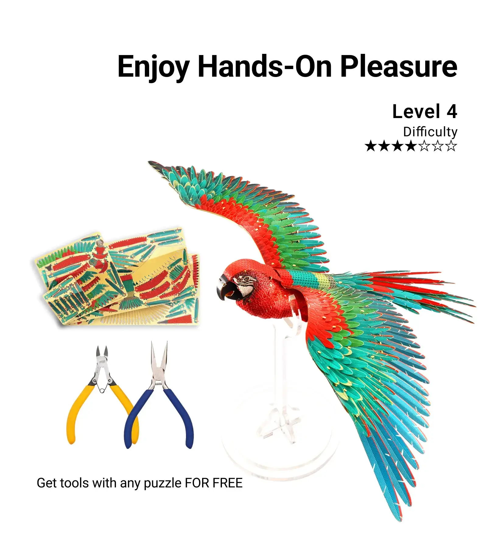 3D Mini Scarlet Macaw Metal Puzzle w/ Acrylic Base, 83PCS