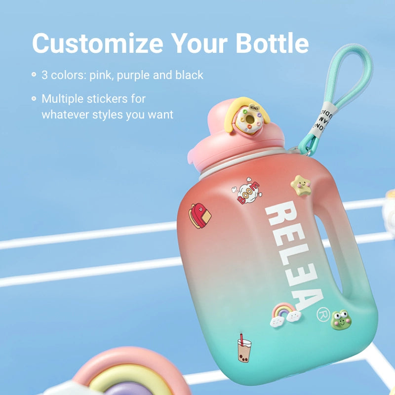 Customize Your Bottle   2 sizes: 1.6L/2.5L for whatever scenarios 3 colors: pink, purple and black  Multiple stickers for whatever styles you want.