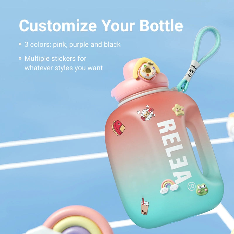 Customize Your Bottle 2 sizes: 1.6L/2.5L for whatever scenarios 3 colors: pink, purple and black Multiple stickers for whatever styles you want.