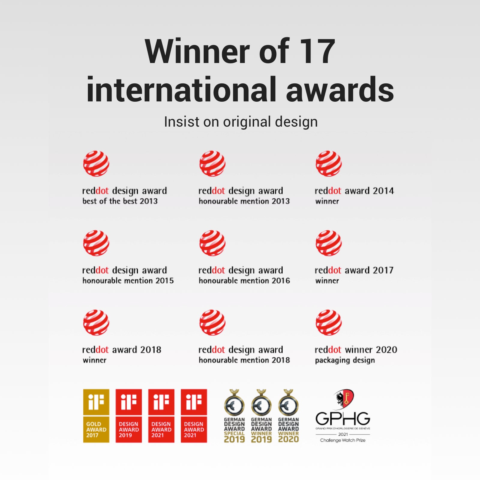 Winner of 17 international awards Insist on original design