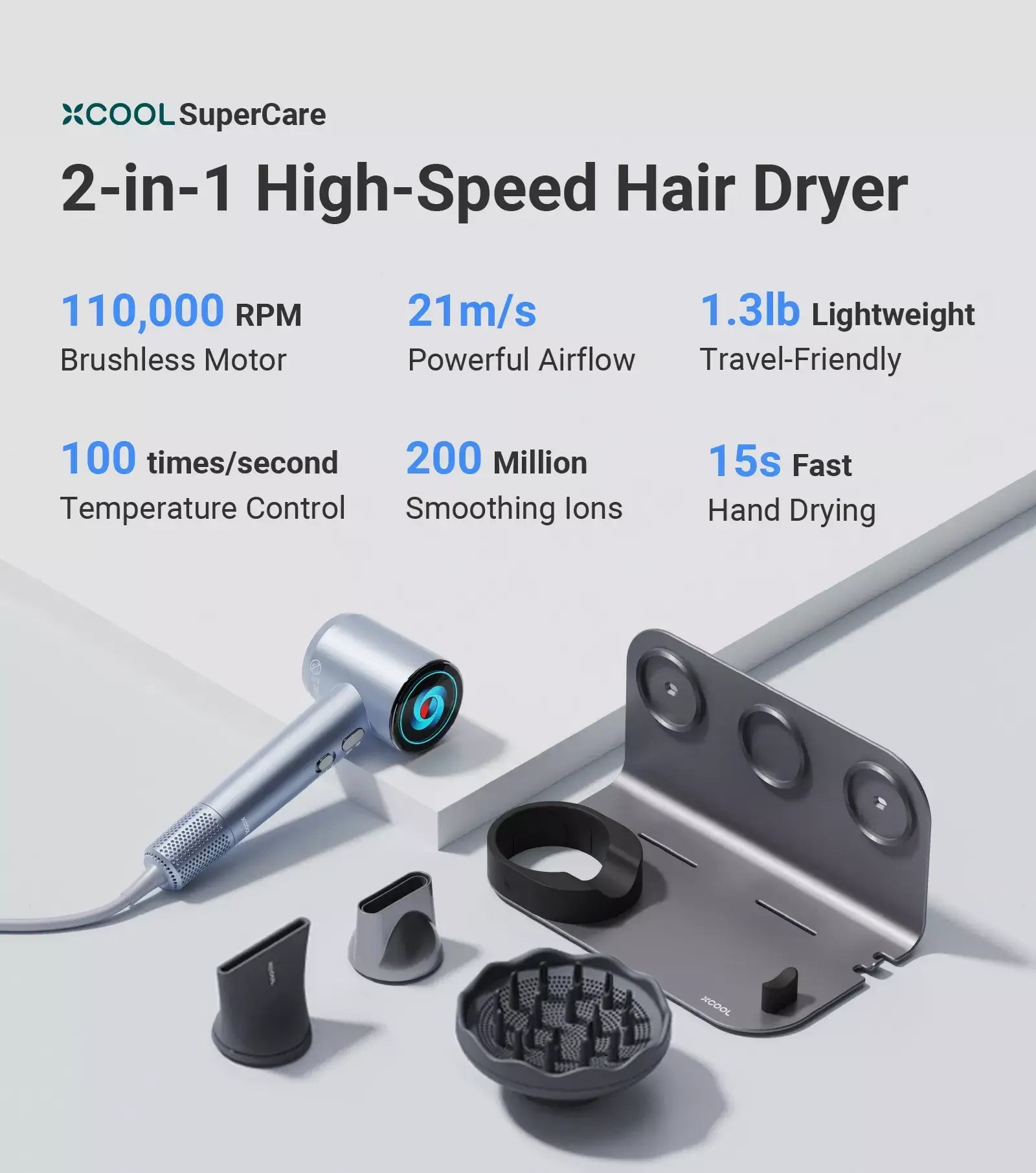 xCool SuperCare 2-in-1 Quiet, Portable Ion Hair Dryer