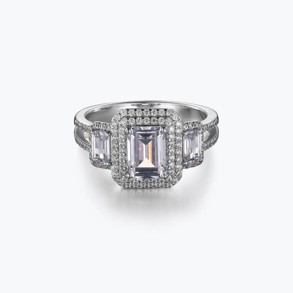 Dissoo® Emerald Cut 3-Stone Sterling Silver Engagement Ring with Halo