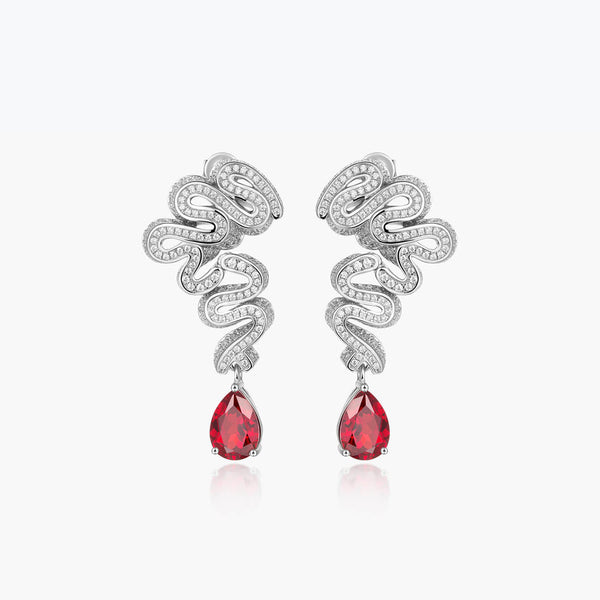 Snake Drop Sterling Silver Earrings with Water-shaped Ruby