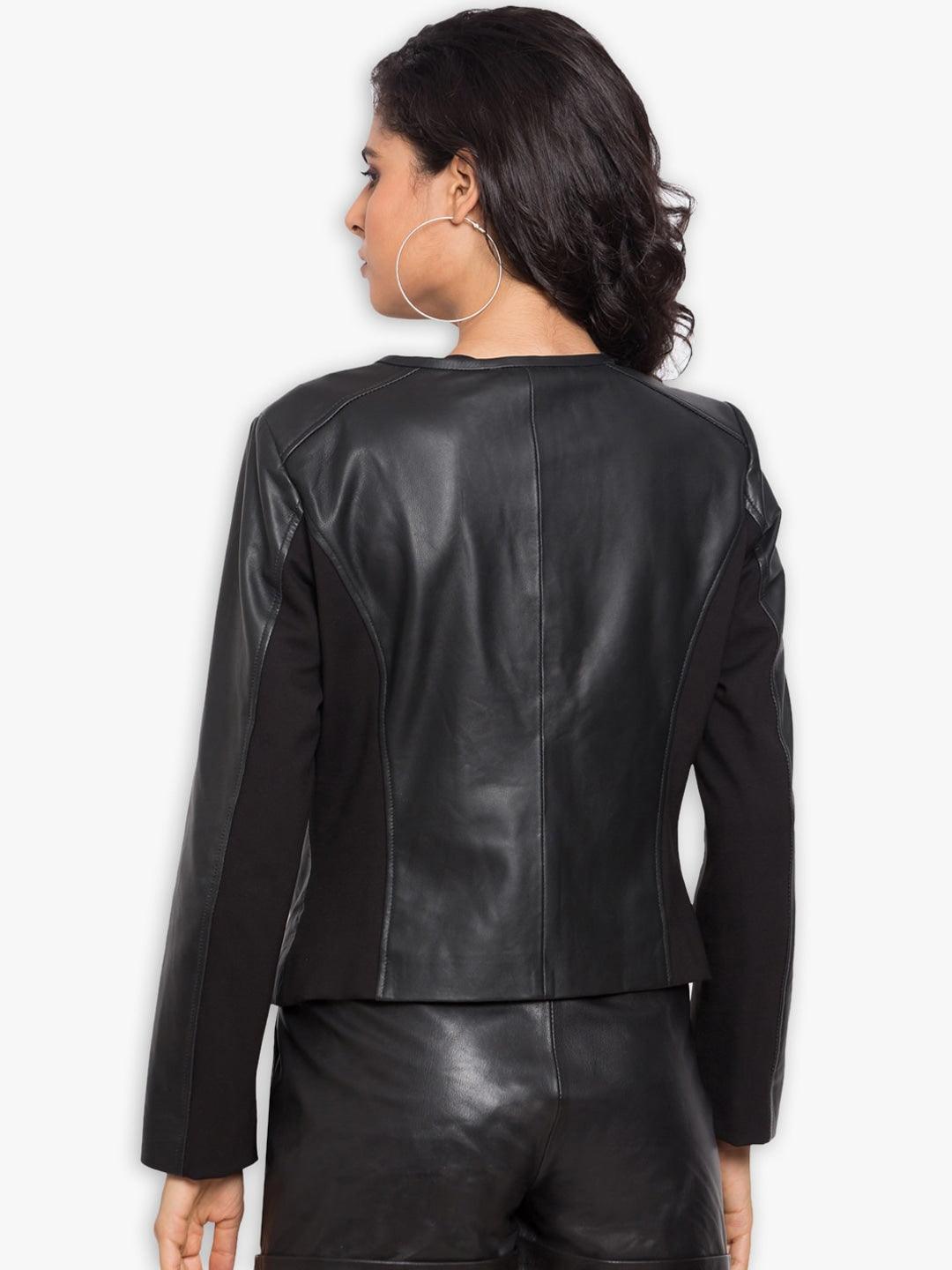 Women Black Leather Crop Outdoor Tailored Jacket | QAWACH