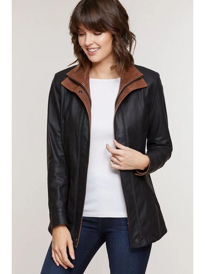 Women Black Long Lambskin Leather Jacket | QAWACH