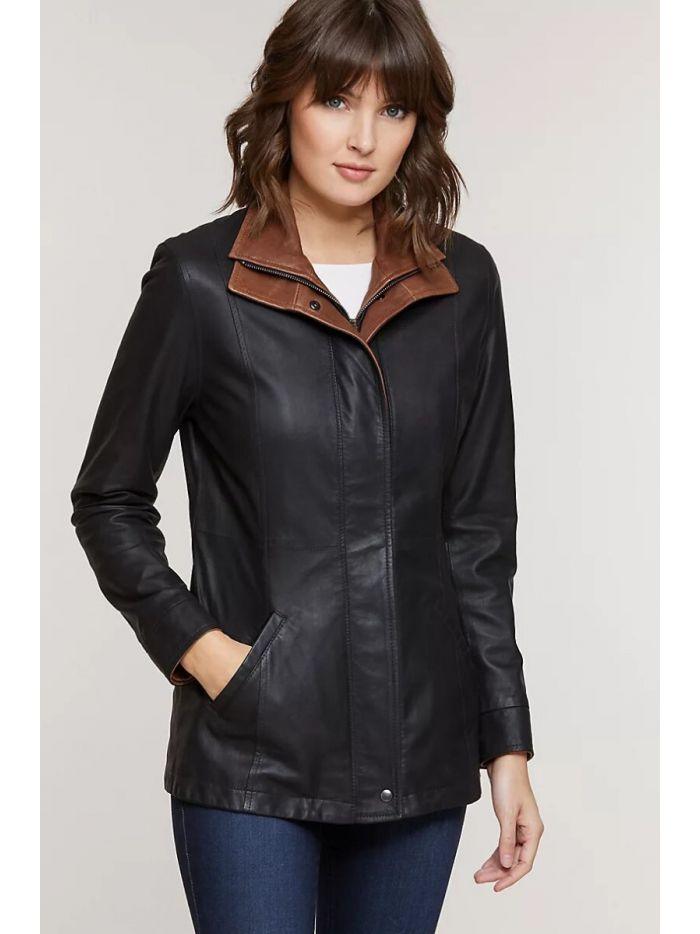 Women Black Long Lambskin Leather Jacket | QAWACH