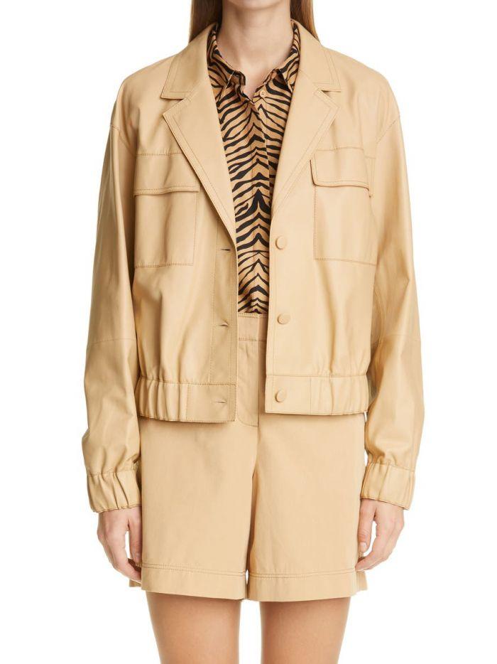 Women Beige Leather Bomber Jacket Online | QAWACH