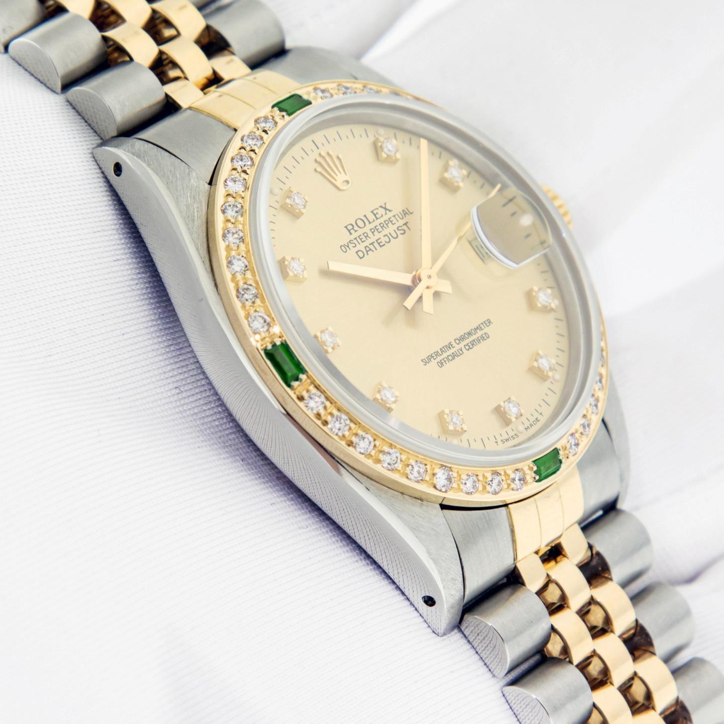 Rolex Mens Datejust SS and 18K Gold Champagne Diamond Emerald Watch Rolex Box