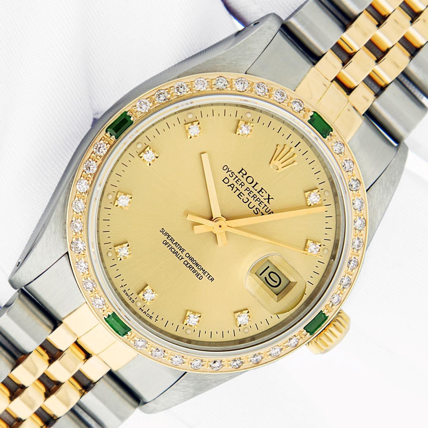 Rolex Mens Datejust SS and 18K Gold Champagne Diamond Emerald Watch Rolex Box