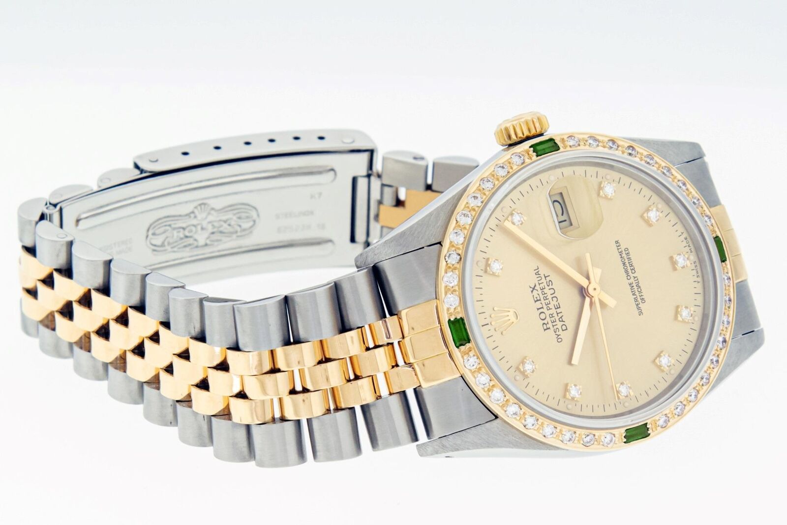 Rolex Mens Datejust SS and 18K Gold Champagne Diamond Emerald Watch Rolex Box