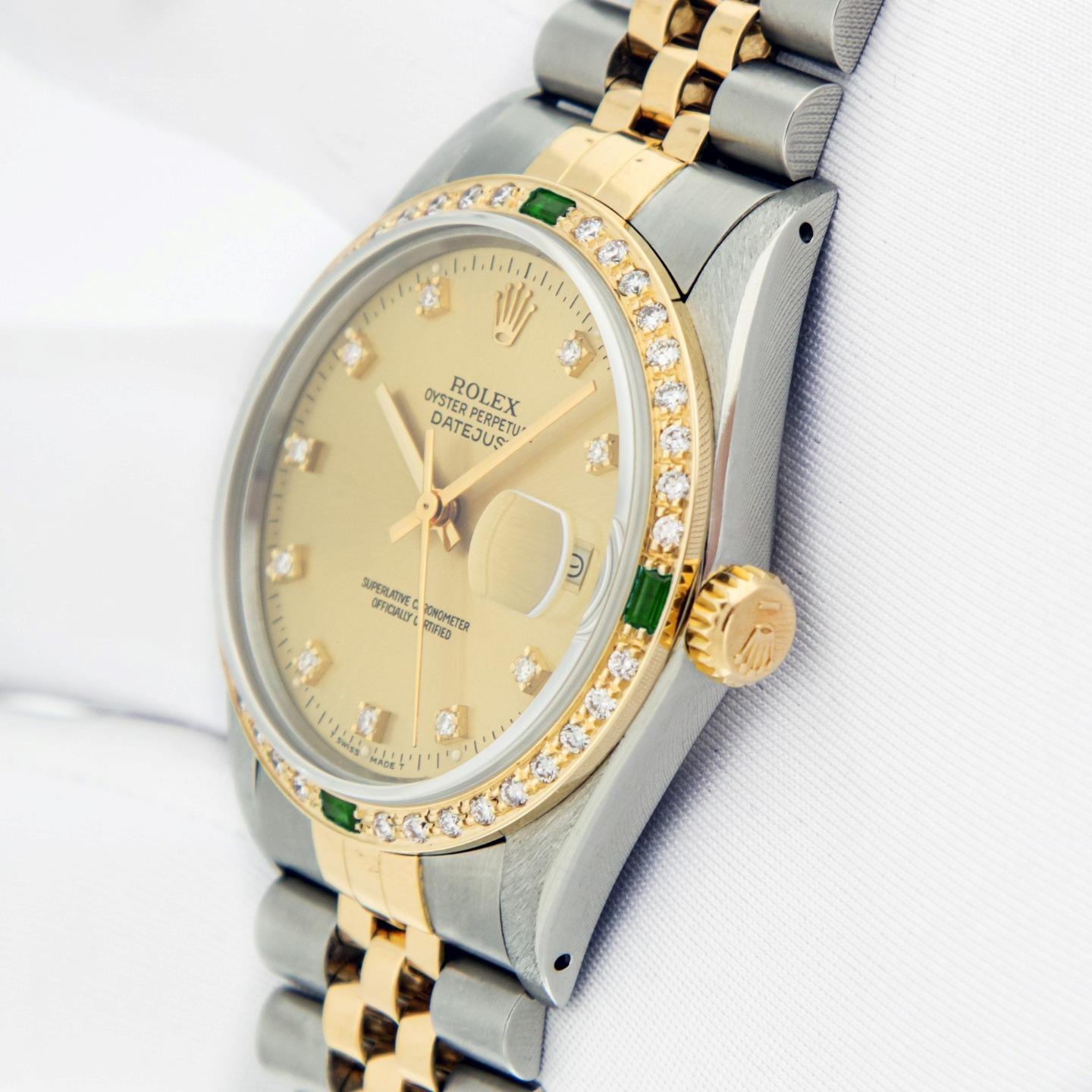 Rolex Mens Datejust SS and 18K Gold Champagne Diamond Emerald Watch Rolex Box