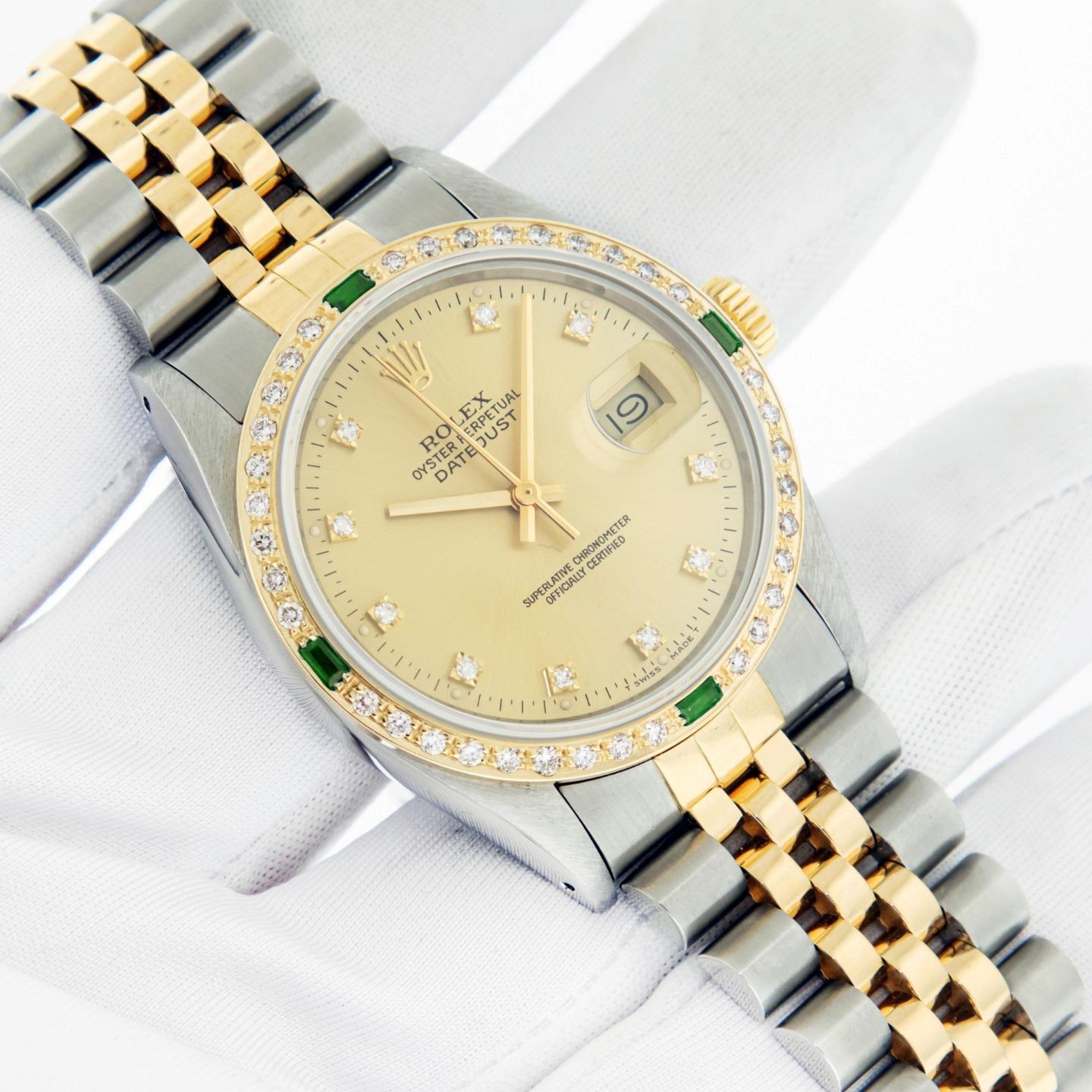 Rolex Mens Datejust SS and 18K Gold Champagne Diamond Emerald Watch Rolex Box