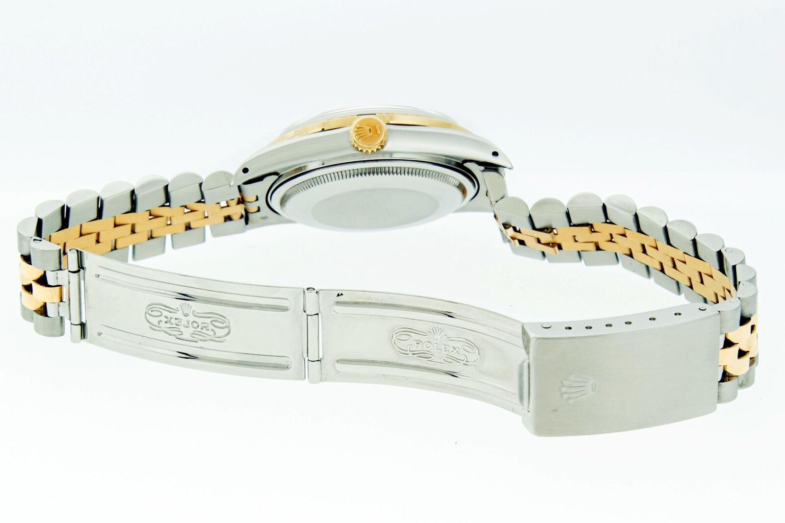 Rolex Mens Datejust SS and 18K Gold Champagne Diamond Emerald Watch Rolex Box