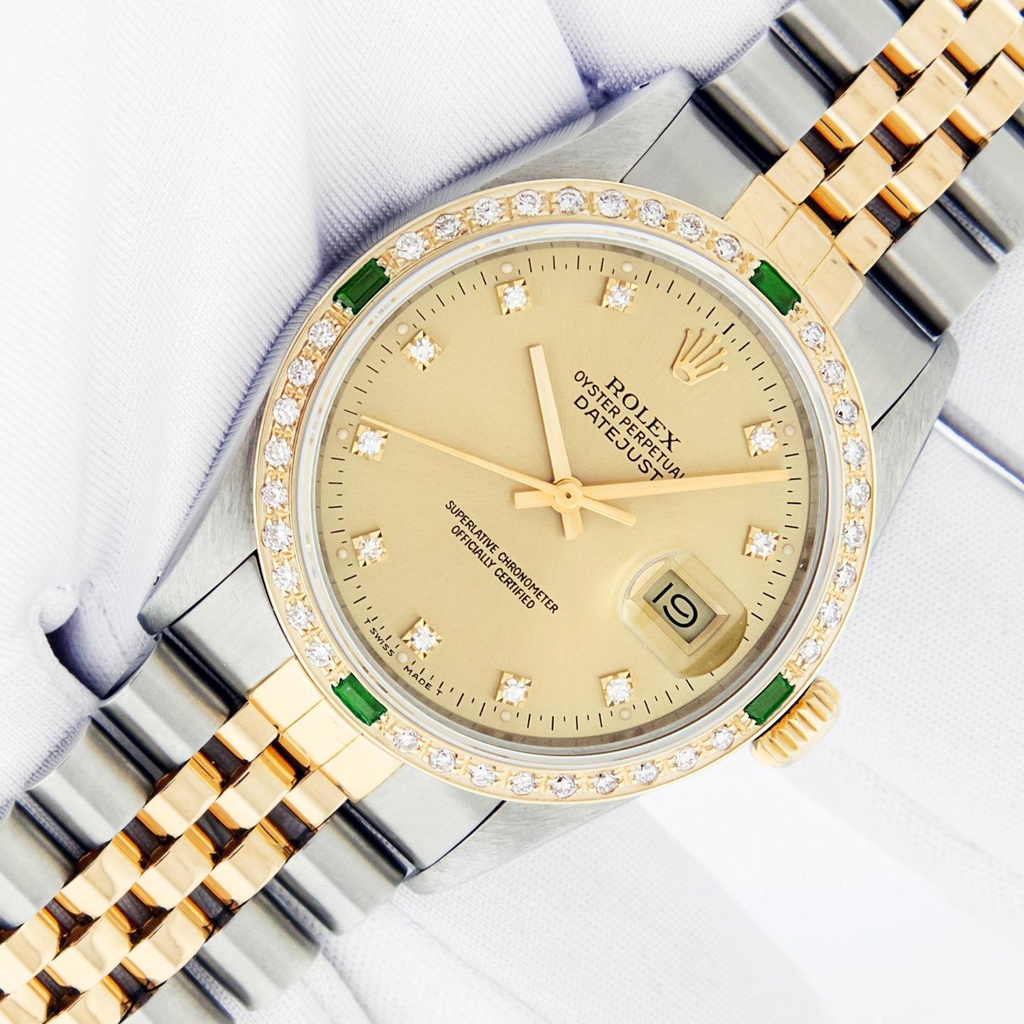 Rolex Mens Datejust SS and 18K Gold Champagne Diamond Emerald Watch Rolex Box