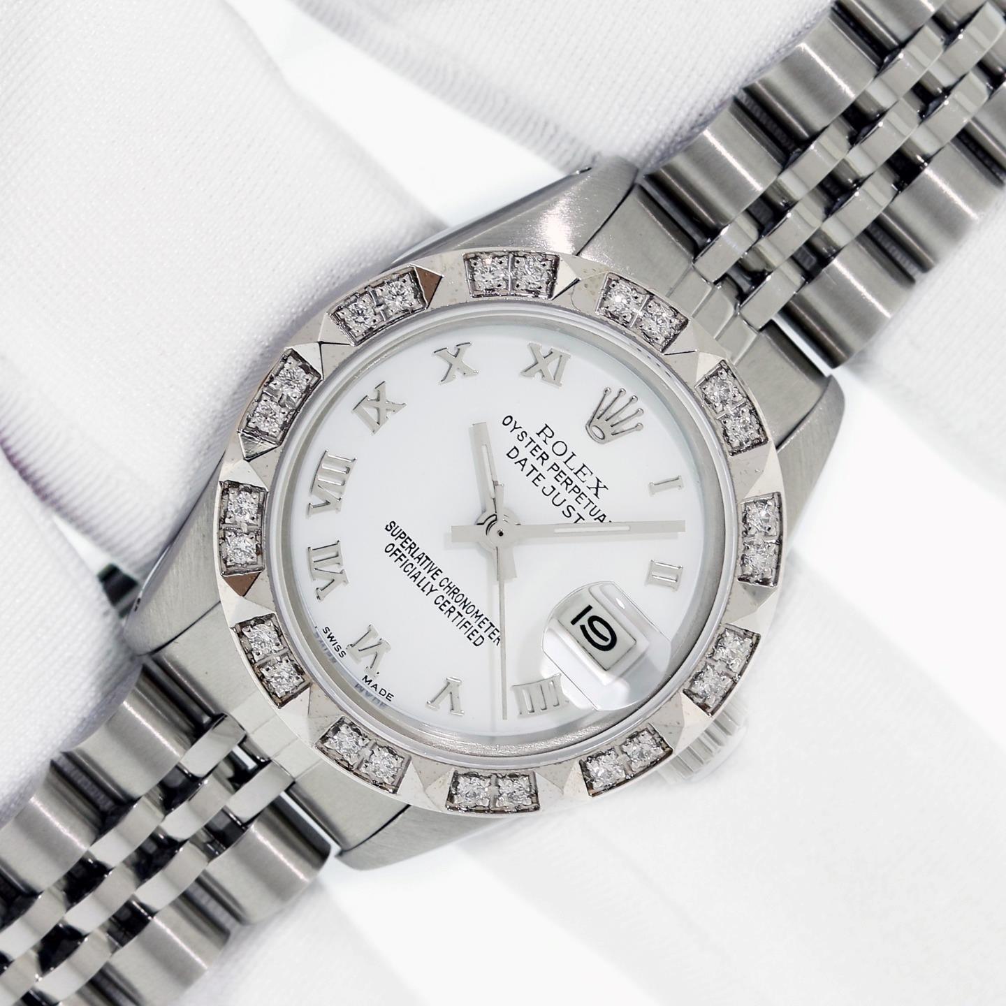 Ladies Rolex Datejust Stainless Steel 18k White Gold White Roman Dial Watch 26mm