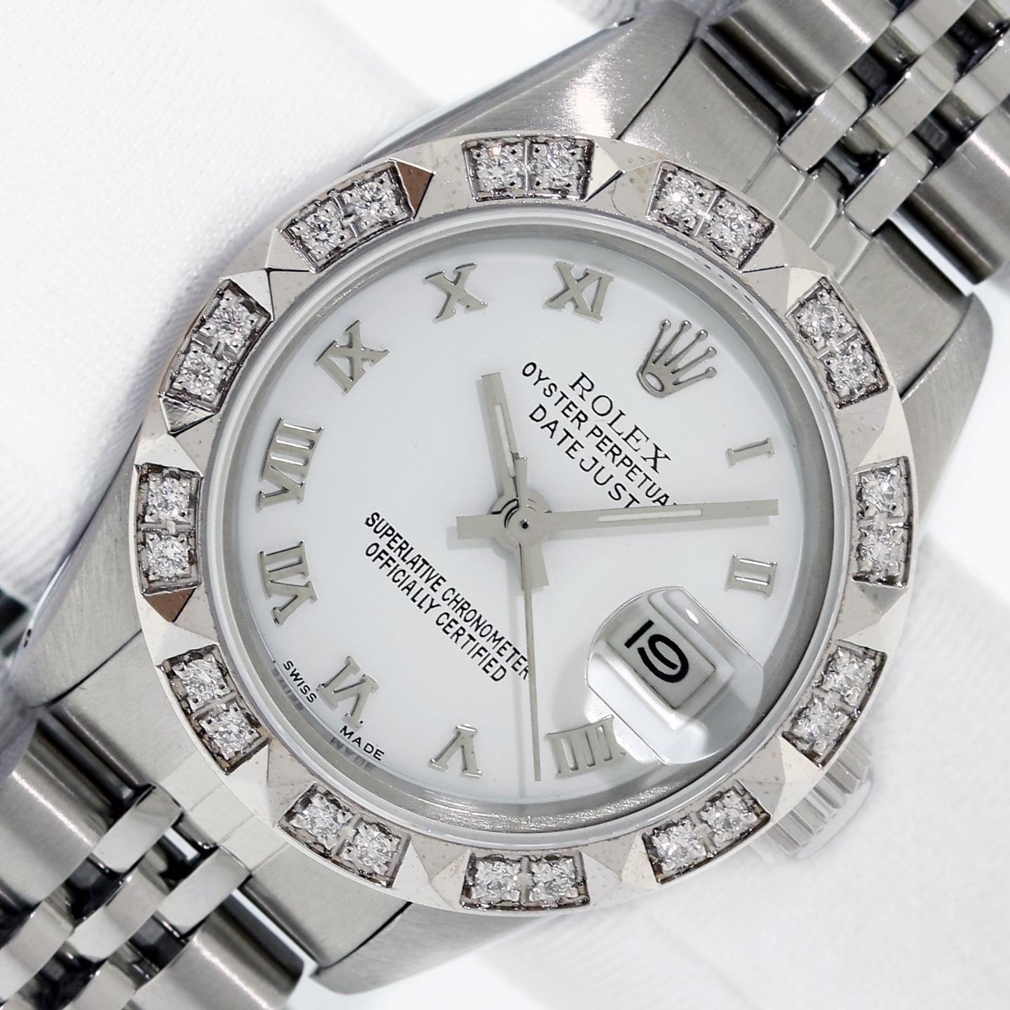 Ladies Rolex Datejust Stainless Steel 18k White Gold White Roman Dial Watch 26mm