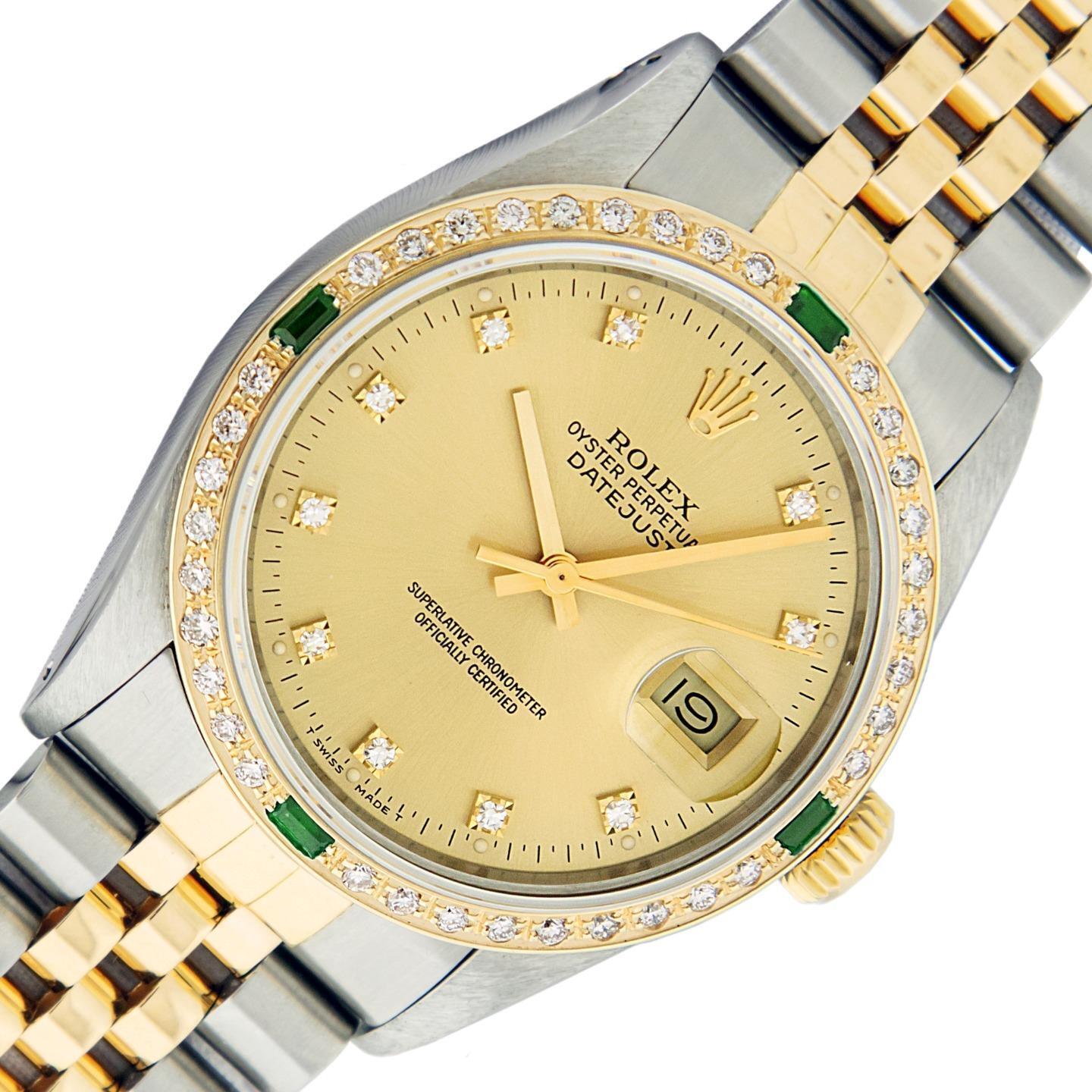 Rolex Mens Datejust SS and 18K Gold Champagne Diamond Emerald Watch Rolex Box