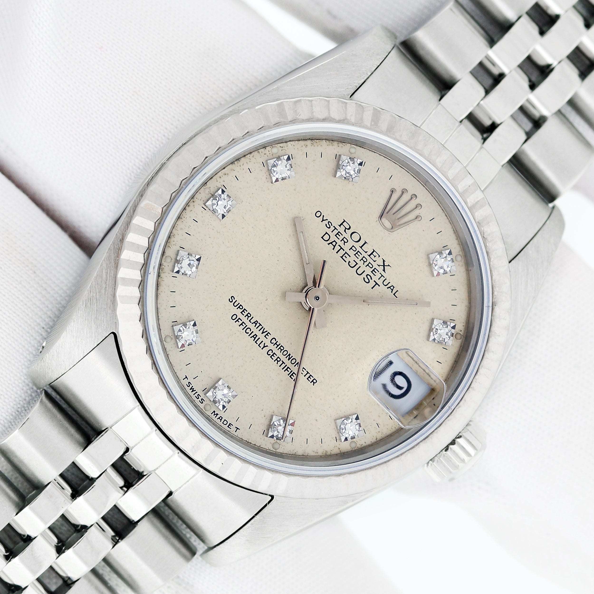 Rolex Midsize 31mm Steel & 18K Gold Datejust Watch 68274 Silver Diamond Dial