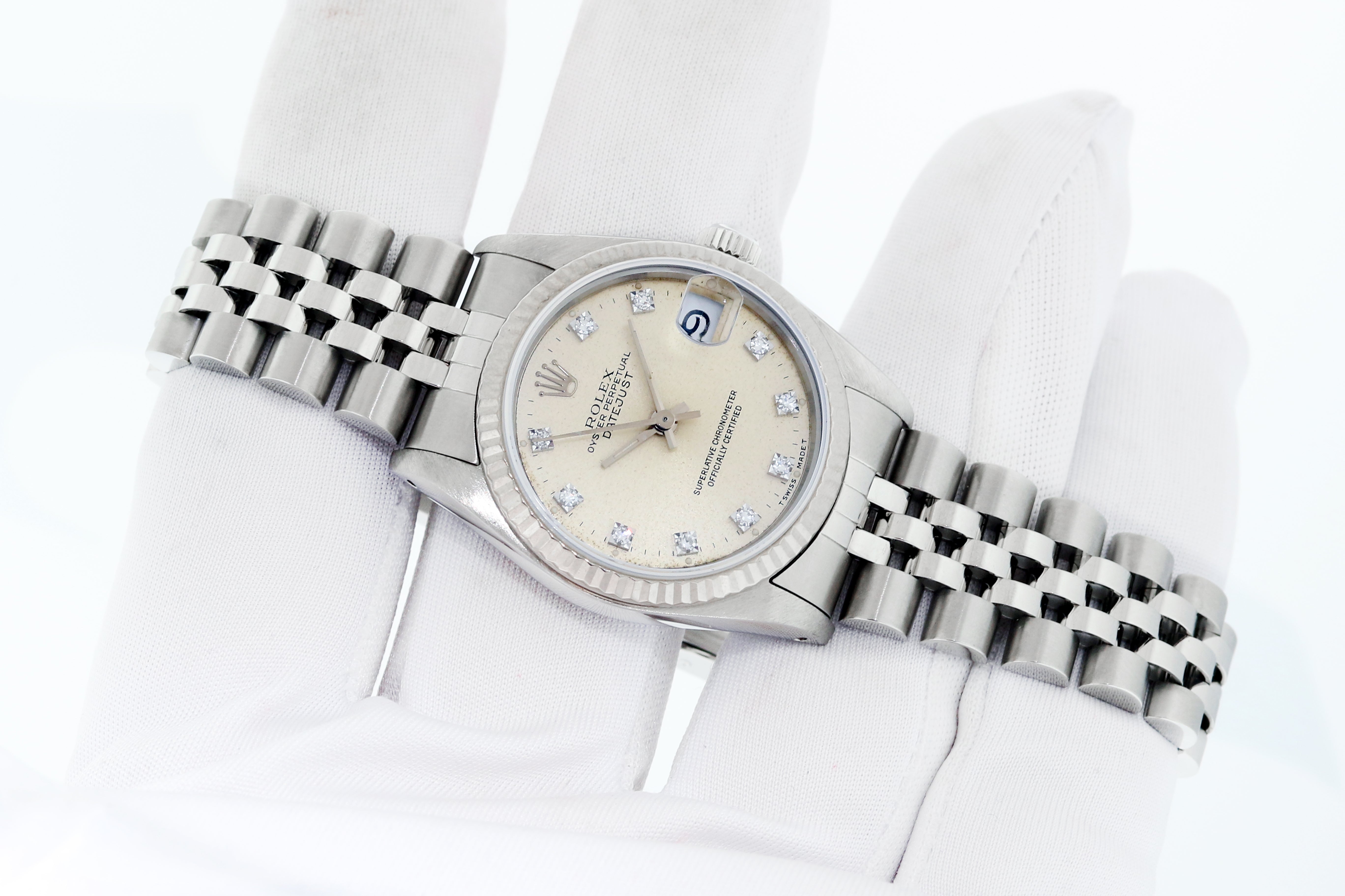 Rolex Midsize 31mm Steel & 18K Gold Datejust Watch 68274 Silver Diamond Dial