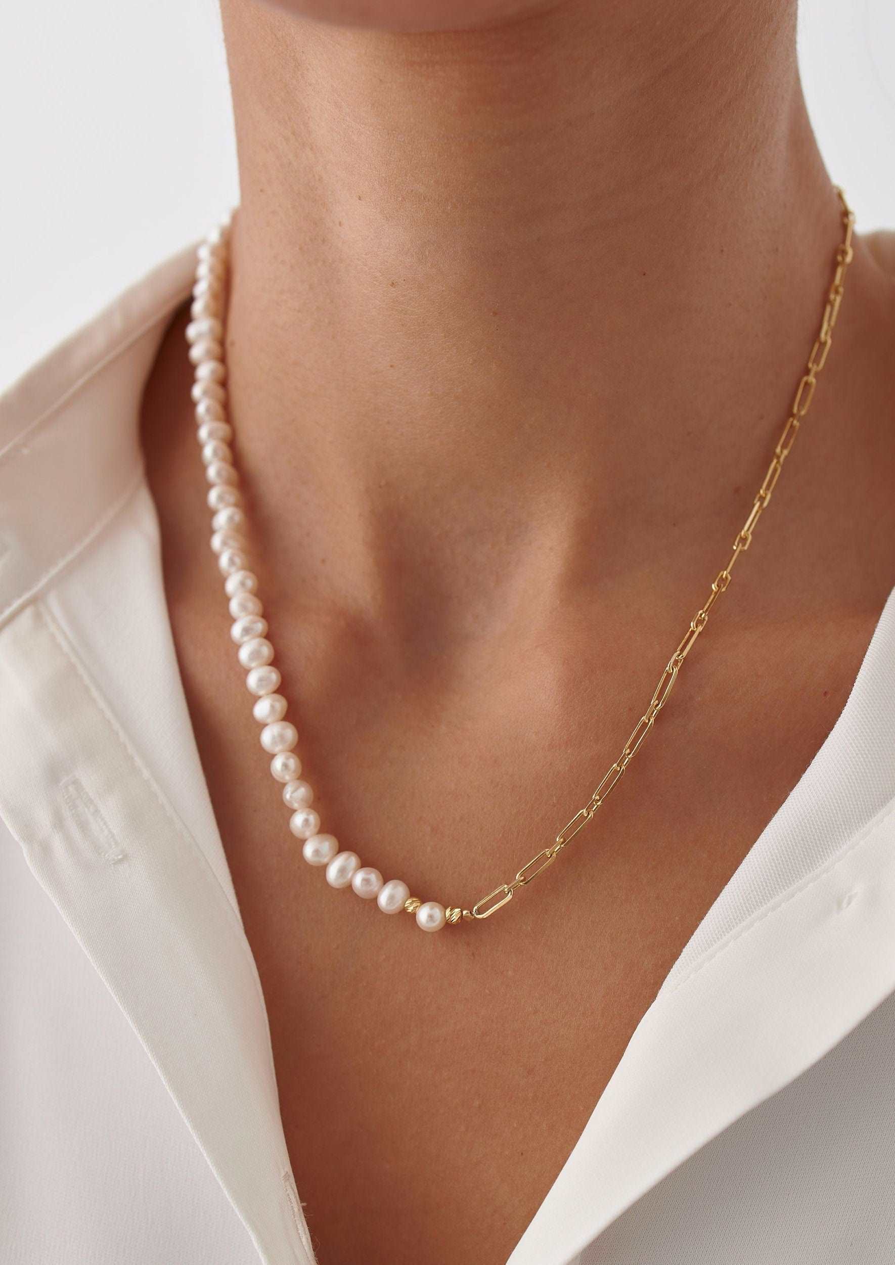 18k Gold Asymmetric Freshwater Pearl Chain Necklace
