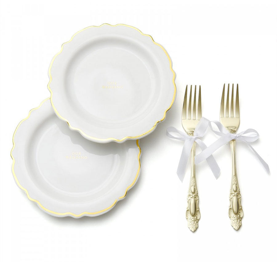 Gold Trimmed Wedding Cake Plates and Fork Set