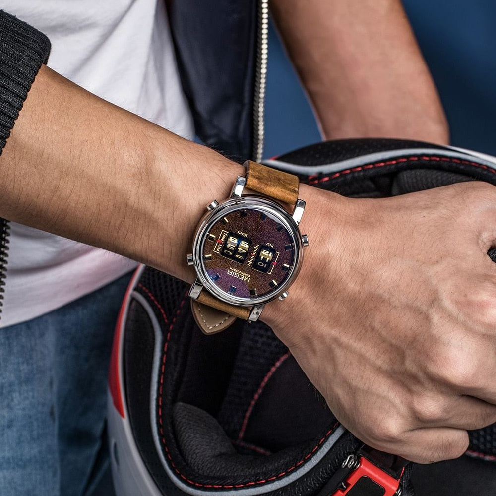 MEGIR Fashion Men Roller Design Business Clock Men Quartz Watch Leather Waterproof Casual Sport Mens Watches Relogio Masculino