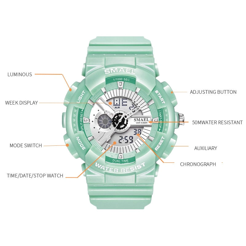 SMAEL Brand Fashion Women Digital Watch Sport Waterproof Multifunction Wristwatch Ladies Watches Female Clock relogio feminino