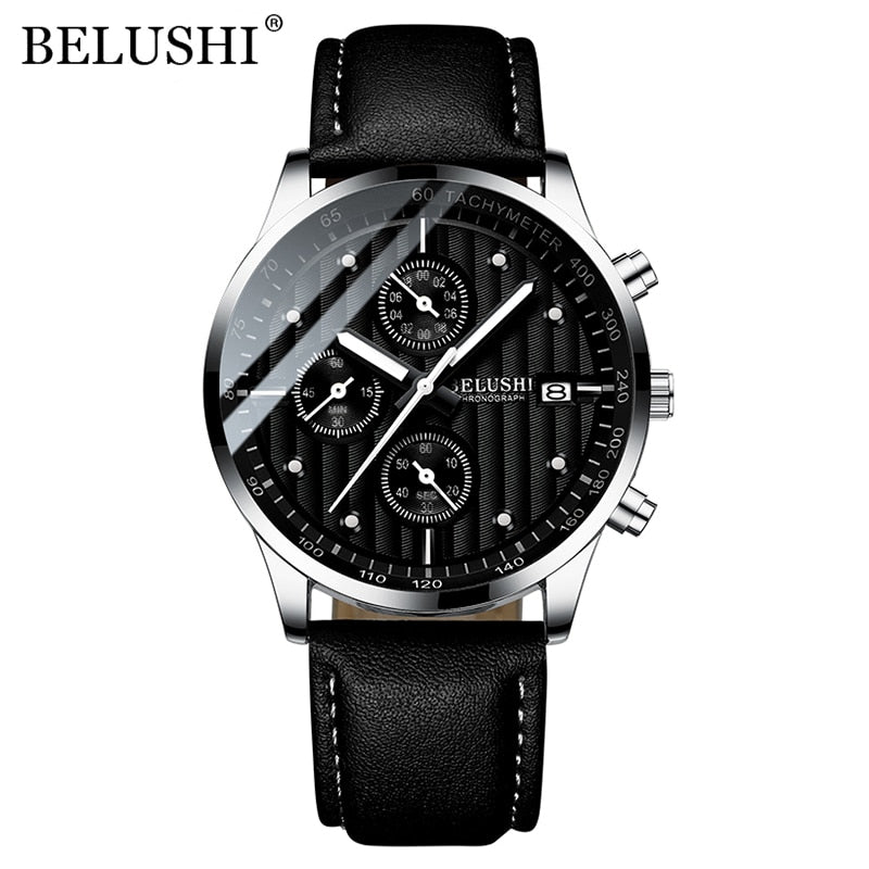 BELUSHI Fashion Leather Men Watches Chronograph Sport Quartz Watch Men Business Waterproof Luminous Wristwatch Relogio Masculino