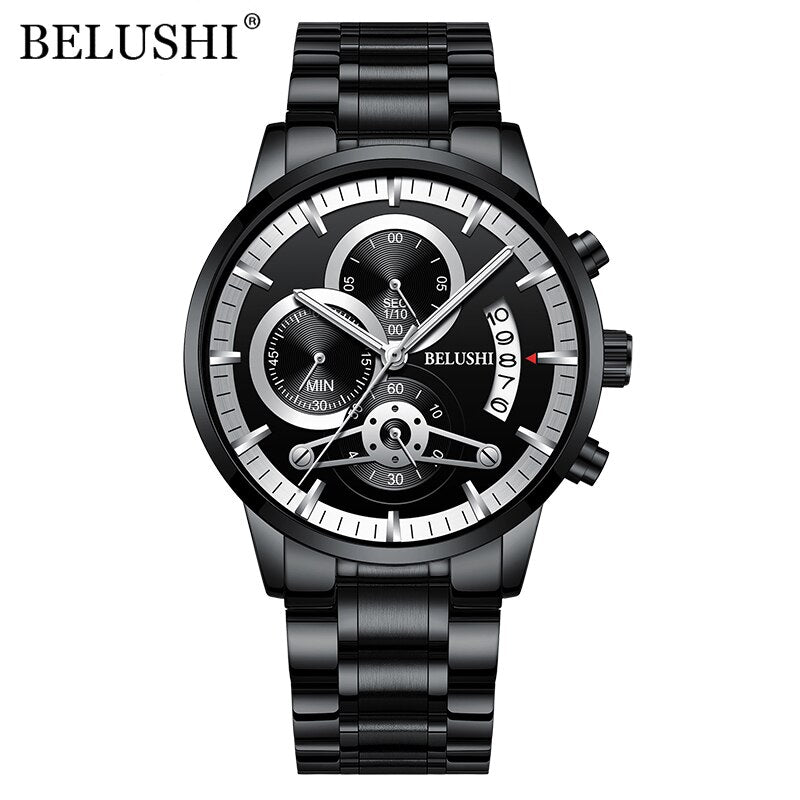 BELUSHI Watches Mens Waterproof Chronograph Stainless Steel Quartz Watch Men Luxury Brand Sports Wristwatch Relogio Masculino