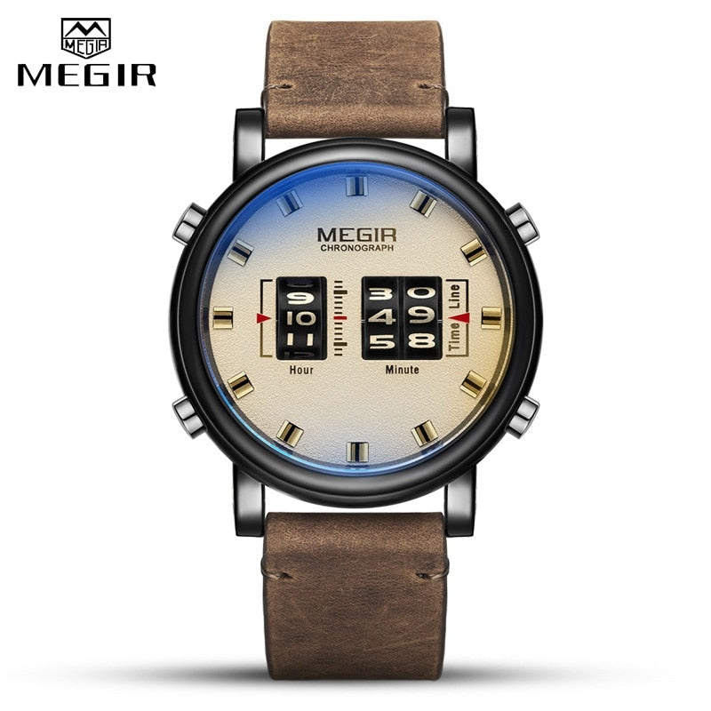 MEGIR Fashion Men Roller Design Business Clock Men Quartz Watch Leather Waterproof Casual Sport Mens Watches Relogio Masculino