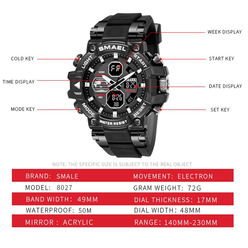 SMAEL Top Brand Men Sports Watches Military Hyun-chae Case Waterproof Multifunction Wristwatch Quartz Watch for Men Clock 8027