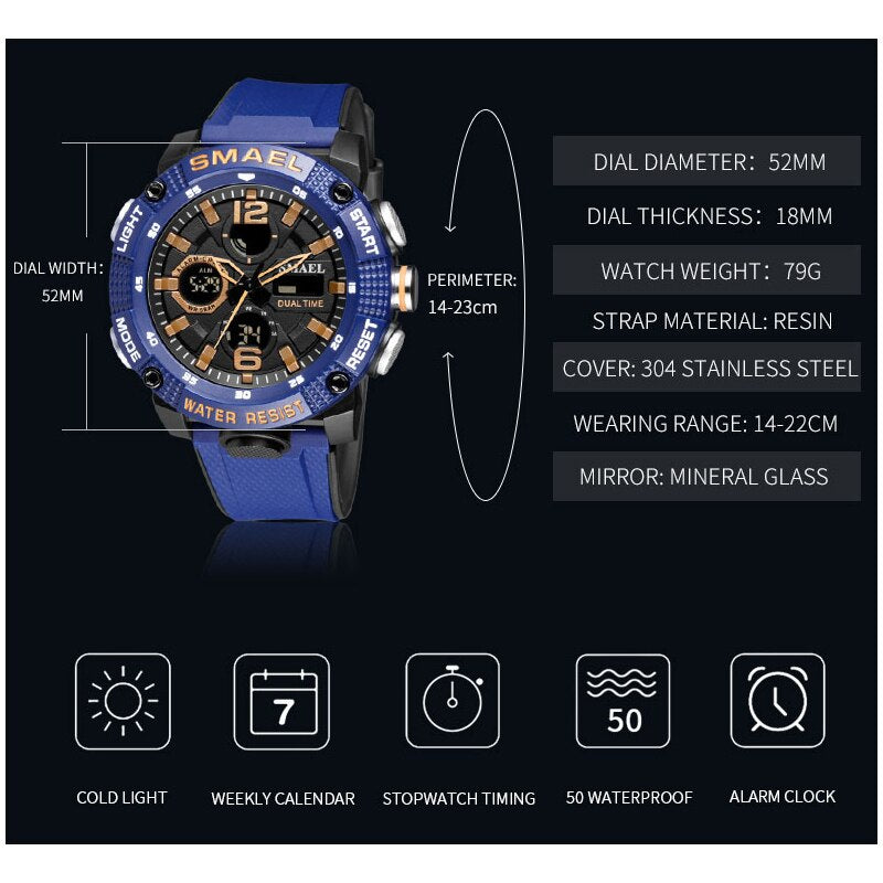 SMAEL Military Sport Watch Men Dual Display Waterproof Top Brand Luxury Digital Quartz Clock Male Wrist Watch Relogio Masculino