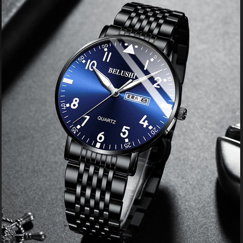 BELUSHI Fashion Luxury Men Watch Stainless Steel Waterproof Date Quartz Wristwatch Top Business Mens Watches Relogio Masculino
