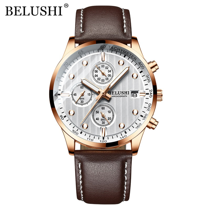 BELUSHI Fashion Leather Men Watches Chronograph Sport Quartz Watch Men Business Waterproof Luminous Wristwatch Relogio Masculino