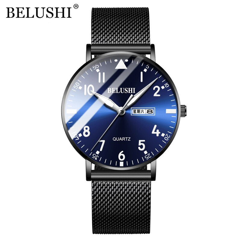 BELUSHI Men Watches Ultra-thin Waterproof Steel Mesh Quartz Watch Men Business Clock Date Calendar Wrist Watch Relogio Masculino