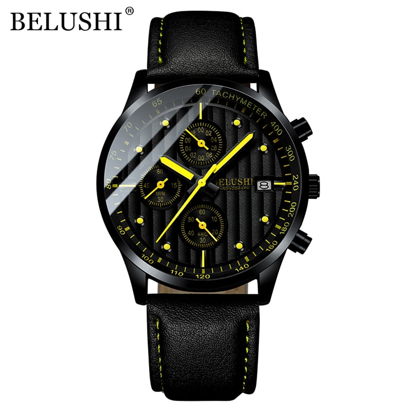 BELUSHI Fashion Leather Men Watches Chronograph Sport Quartz Watch Men Business Waterproof Luminous Wristwatch Relogio Masculino